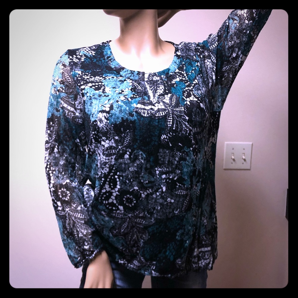 CJ Banks Green Black Floral Layered Blouse 1X Semi Sheer Lined Stretch Top - Picture 3 of 8